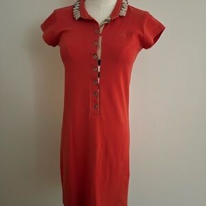 BURBERRY Coral Polo Mini Dress Size S Red Tennis Preppy Style Ruffle Collar